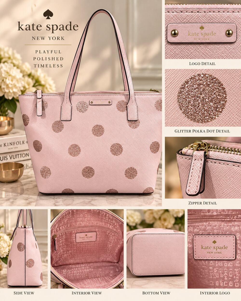 Kate Spade New York Haven Lane Hani Tote*Pink Glitter Polka Dots